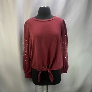 Skönhet Blouse Top Womens Large Maroon Pearl Embellished Tie Front Round Neck